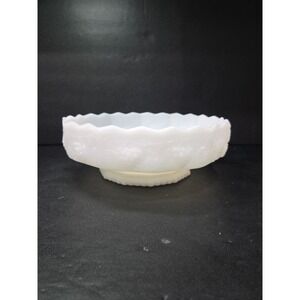 Anchor Hocking Fire-King Pedestal Bowl, White Milk Glass, Vtg Grape‎ Vine Design
